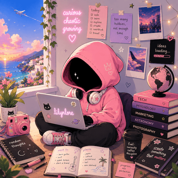 The Lilynlore character: a faceless figure in a pink hoodie, sat cross-legged with a laptop, surrounded by notebooks, a camera, a globe and stacked books